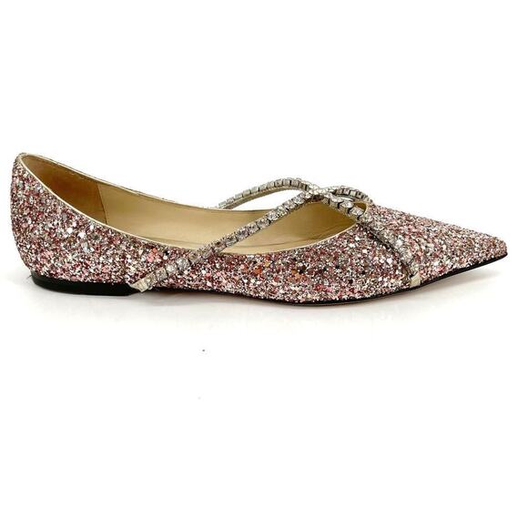 Jimmy Choo Rose Gold Genevi Coarse Glitter Crystal Pointed Toe Flat size IT 39.5 - Picture 3 of 13